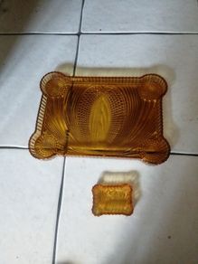 vintage Amber glass dressing table tray and trinket dish