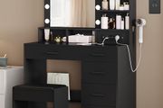 Dressing Table with 10 LED Lighting, Stool, Dressing Table with Large Mirror, Dressing Tables with Plug, and Hair Dryer Holder and Multiple Drawers, Black