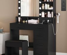 Dressing Table with 10 LED Lighting, Stool, Dressing Table with Large Mirror, Dressing Tables with Plug, and Hair Dryer Holder and Multiple Drawers, Black