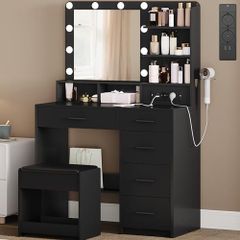 Dressing Table with 10 LED Lighting, Stool, Dressing Table with Large Mirror, Dressing Tables with Plug, and Hair Dryer Holder and Multiple Drawers, Black