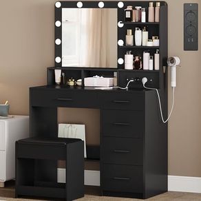 Dressing Table with 10 LED Lighting, Stool, Dressing Table with Large Mirror, Dressing Tables with Plug, and Hair Dryer Holder and Multiple Drawers, Black