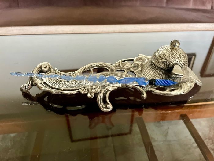 Vintage Art Nouveau Style Inkwell with Pen Tray Ink Pot Insert and Glass Dip Pen