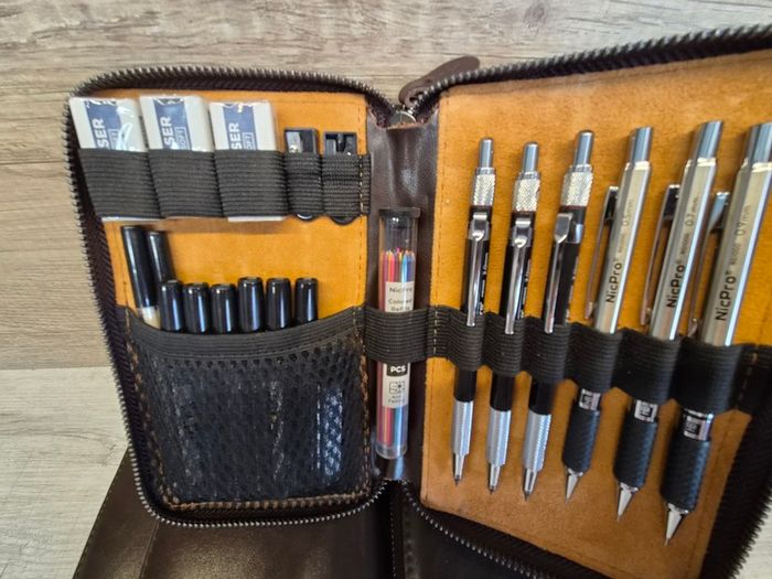 Nicpro 29PCS Art Mechanical Pencils Set in Leather Case, Metal Drafting Pencil 0.5, 0.7, 0.9 mm, 2mm Lead Pencil Holders for Sketching Drawing