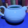 Vintage 1930s blue Ribbed Textured Earthenware Teapot Art Deco Metal Nozzle Image 3