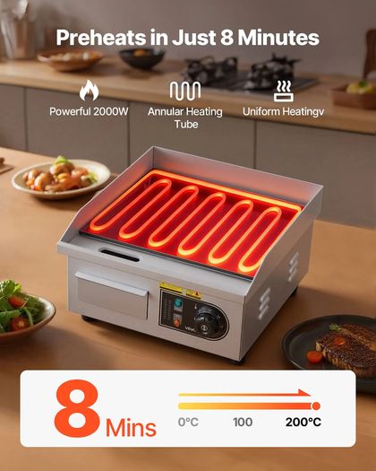 Commercial Electric Griddle 2000W, 50-300 degC Adjustable Temp Control