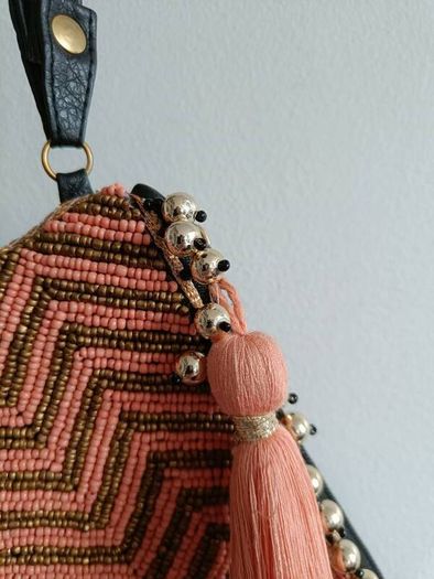 Beaded Coral & Gold Clutch / Wristlet Bag with Tassel