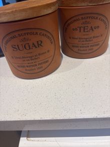 RESERVED- Vintage Henry Watson The Original Suffolk Canister Sugar and Tea Terracotta Storage Jars with wooden pull off lid
