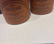 RESERVED- Vintage Henry Watson The Original Suffolk Canister Sugar and Tea Terracotta Storage Jars with wooden pull off lid
