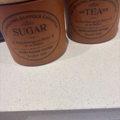 RESERVED- Vintage Henry Watson The Original Suffolk Canister Sugar and Tea Terracotta Storage Jars with wooden pull off lid