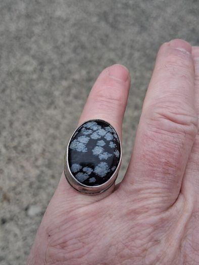 Midcentury Snowflake Obsidian Sterling Silver Ring