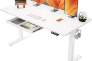Electric Standing Desk 160 x 80 cm Height Adjustable Sit Stand Table with Easy-Glide Drawer 4 Memory Smart Pannal T-Leg Design for Stability Splice Board White Frame Surface