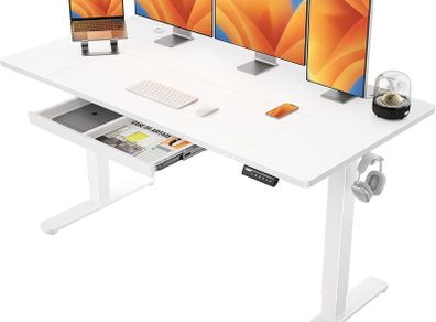 Electric Standing Desk 160 x 80 cm Height Adjustable Sit Stand Table with Easy-Glide Drawer 4 Memory Smart Pannal T-Leg Design for Stability Splice Board White Frame Surface