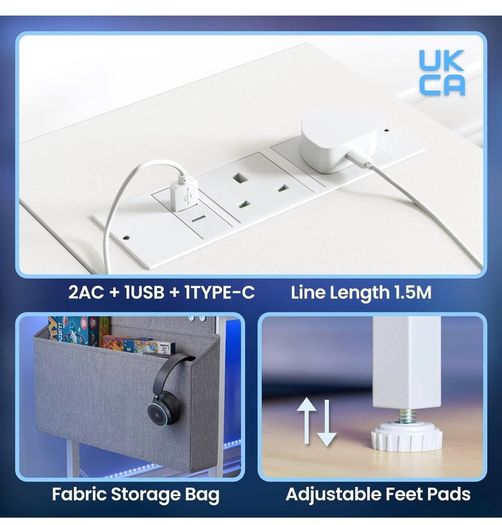 L Shaped Gaming Desk with LED Lights & Power Outlets, 120 x 80cm Corner Computer