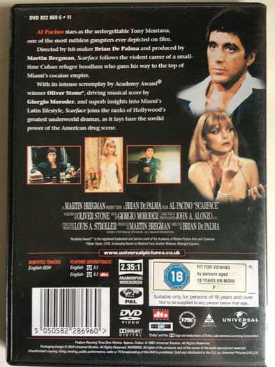 Scarface (Brian De Palma Film) [1983] Al Pacino, Steven Bauer, Michelle Pfeiffer, Mary Elizabeth Mastrantonio & F. Murray Abraham [1xMovie DVD]