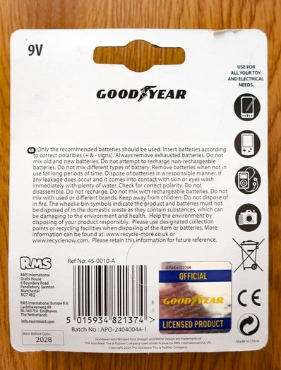 GoodYear 9V Batteries, 2 pack | Brand new
