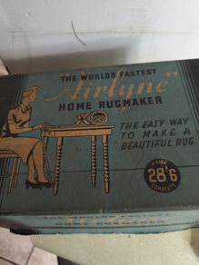 Rugmaker, home crafts, vintage 1940s Airlyne Rugmaker in original box with instructions and accessories. Home appliance.