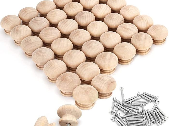40 Pack of Round Unfinished Wood Knobs with Screws - 3.4 x 2.5cm / 1.34 x 0.98 Inches - Natural Wooden Birch Door Knob Hardware - Furniture Cabinet, Wardrobe, Cupboard & Drawer Pull Handles (FREE POSTAGE)