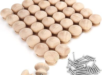 40 Pack of Round Unfinished Wood Knobs with Screws - 3.4 x 2.5cm / 1.34 x 0.98 Inches - Natural Wooden Birch Door Knob Hardware - Furniture Cabinet, Wardrobe, Cupboard & Drawer Pull Handles (FREE POSTAGE)