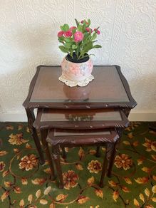 Vintage Mahogany Nest of 3 Tables with Glass Tops