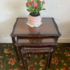Vintage Mahogany Nest of 3 Tables with Glass Tops