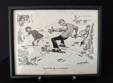Original 20thC Pen & Ink Illustration by Donald E. Green - "They scuttled off in all directions" (Framed)