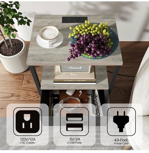 Bedside Table with Charging Station, Side Table with 2 USB Ports and Outlets, Nightstand with Cloth Drawer, Set of 2, End Table, Greige