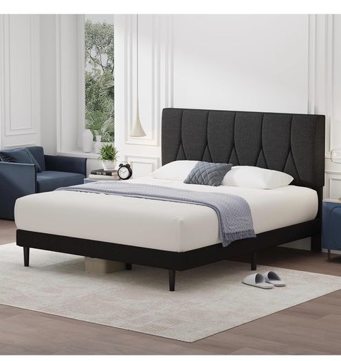 King Bed Frame, Black, Upholstered Wooden Slat Bed Frame with Headboard