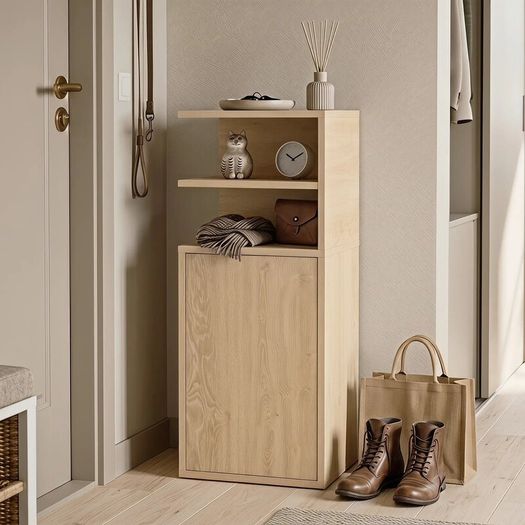 Set of 2 Slim Bedside Table with Open Cubbies and Cupboard