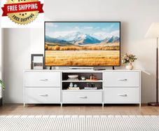 TV Stand Cabinet, TV Unit with 5 Drawers, 140 cm, White TV Console Table with Storage Organizers, Entertainment Center with Open Shelf for Living Room, Bedroom