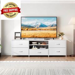 TV Stand Cabinet, TV Unit with 5 Drawers, 140 cm, White TV Console Table with Storage Organizers, Entertainment Center with Open Shelf for Living Room, Bedroom