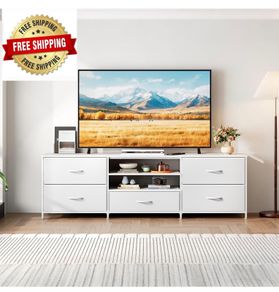 TV Stand Cabinet, TV Unit with 5 Drawers, 140 cm, White TV Console Table with Storage Organizers, Entertainment Center with Open Shelf for Living Room, Bedroom