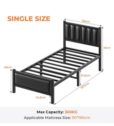 Single Bed Frame with Upholstered Headboard, 3ft