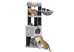 Luxury scratching post thick trunks 141 cm Grey scratching post large, cat tree with fluffy viewing platform, reclining recess and cuddly cave, cat tower, extra thick trunks completely wrapped with black sisal, stable, light gray