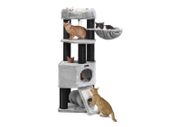 Luxury scratching post thick trunks 141 cm Grey scratching post large, cat tree with fluffy viewing platform, reclining recess and cuddly cave, cat tower, extra thick trunks completely wrapped with black sisal, stable, light gray