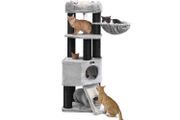Luxury scratching post thick trunks 141 cm Grey scratching post large, cat tree with fluffy viewing platform, reclining recess and cuddly cave, cat tower, extra thick trunks completely wrapped with black sisal, stable, light gray