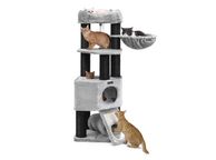 main image for ad Luxury scratching post thick trunks 141 cm Grey scratching post large, cat tree with fluffy viewing platform, reclining recess and cuddly cave, cat tower, extra thick trunks completely wrapped with black sisal, stable, light gray