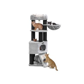 Luxury scratching post thick trunks 141 cm Grey scratching post large, cat tree with fluffy viewing platform, reclining recess and cuddly cave, cat tower, extra thick trunks completely wrapped with black sisal, stable, light gray