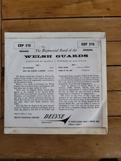 The Regimental Band of the Welsh Guards 7 inch EP DeLyse EDP 218