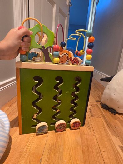 B. Toys Wooden Activity Cube, Wooden Workbench & Soft toys
