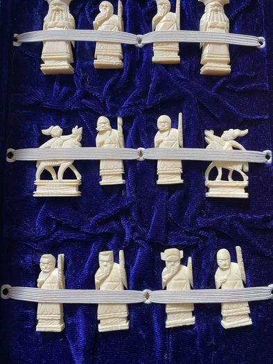 Vintage Chinese Bone Hand Carved Ivory Chess Set Hong Kong 1960s