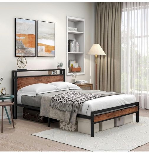 Double Bed Frame with Storage Headboard,Wooden Bed Frame Double Metal Platform Bed Frame No Box Spring Needed,Sturdy Metal Frame Base,Under Bed Storage,No Squeak,Easy Assembly for