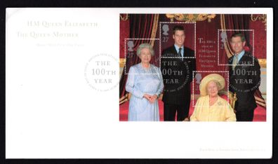2000 Great Britain HM Queen Elizabeth The Queen Mother 100th Birthday Commemorative Stamps Miniature Sheet Royal Mail Addressed First Day Cover (FDC) with bureau cancel