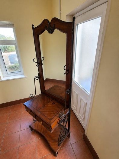 Vintage Wrought Iron & Solid Wood Hall Stand with Full-Length Mirror and Two Drawers