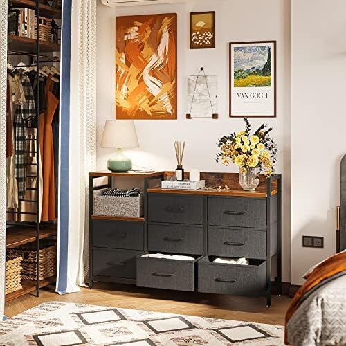 Chest of Drawers Bedroom, Contains 2 USB & 2 AC Ports Sockets, Storage Dresser with 8 Fabric Drawers Suitable for Bedrooms, Living Rooms, Retro Color