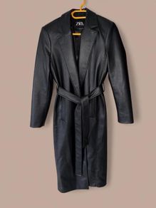 Zara Size S black faux leather Long trench coat with belt