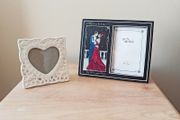 Two freestanding glazed photo frames;  white ceramic heart-shaped picture frame &amp;  Art Deco style dual picture frame