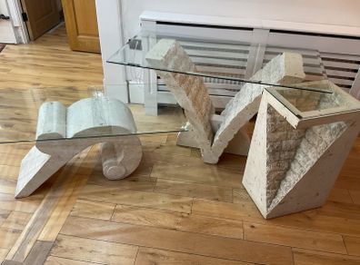 3 piece sculptural stone and glass furniture set