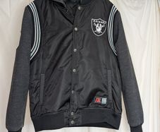 NFL Raiders Hooded Varsity Medium Jacket Black Grey Official American Football