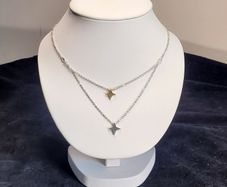 Tipperary Crystal Double Layer Star Necklace Silver Rose Gold Two Tone Signed