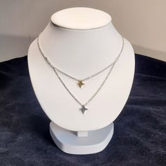 Tipperary Crystal Double Layer Star Necklace Silver Rose Gold Two Tone Signed